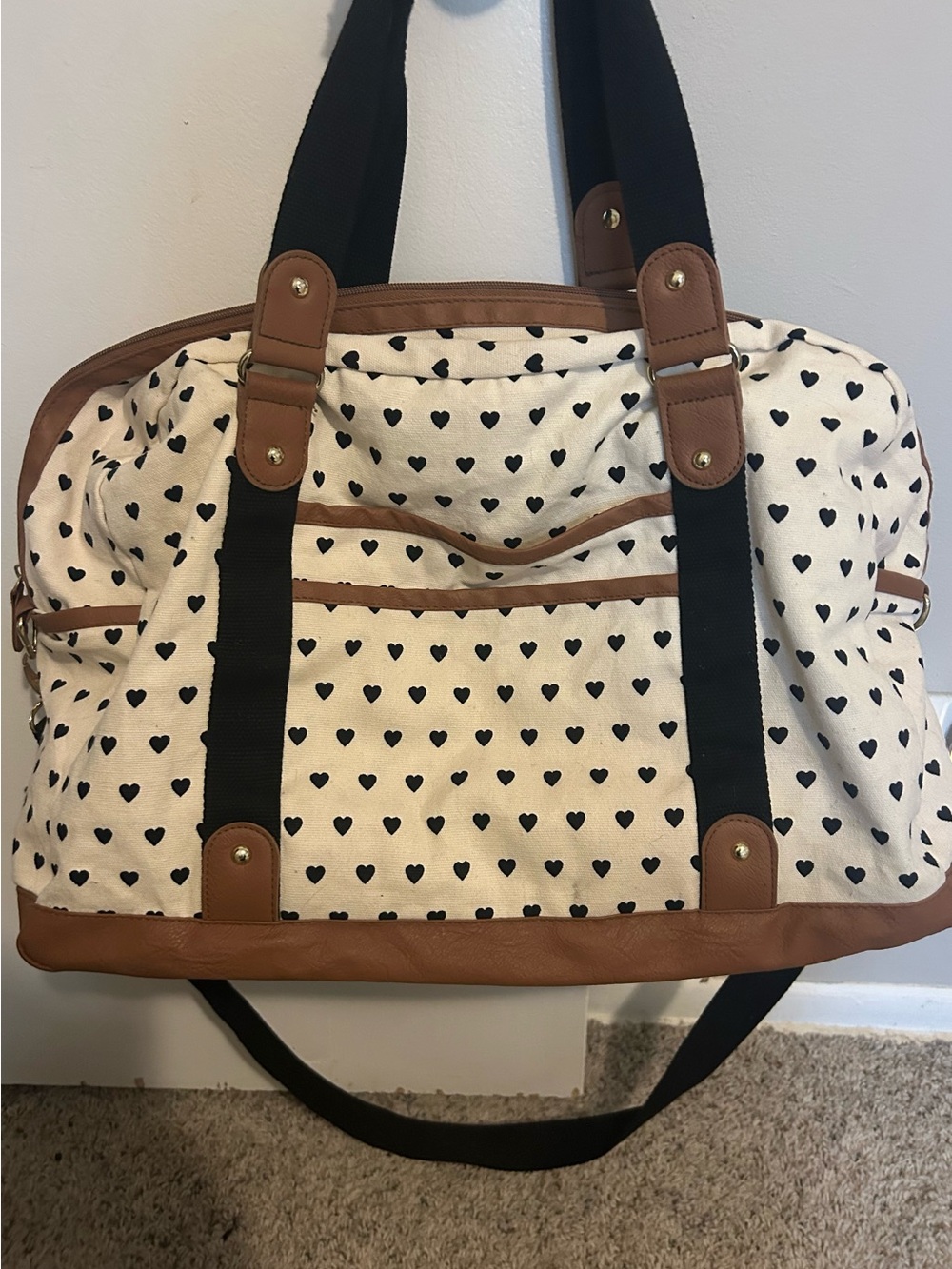 Mossimo Supply Co. Cream Canvas Travel Tote with Black Heart Print and Tan Trim